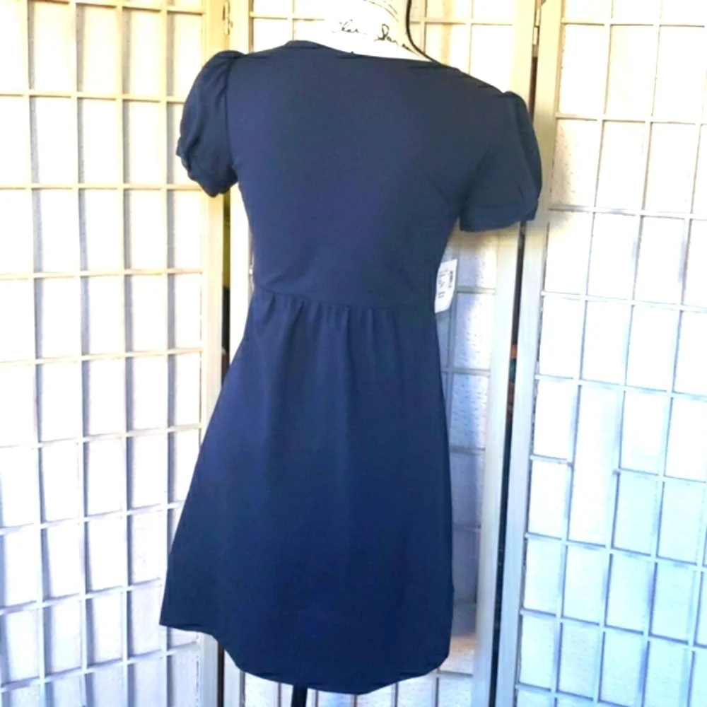 Theory New Navy Blue Short Sleeves Round Neck Fitted Waist Mini Dress Size 0P